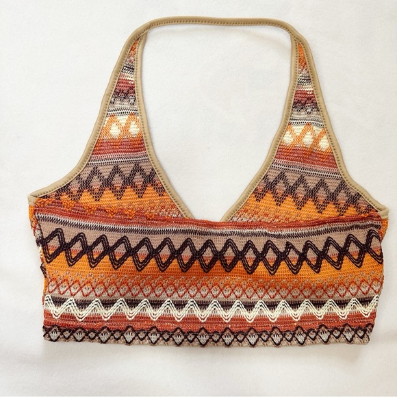 Chevron Embroidery Halter Crop Top Knit Backless Orange & Brown Small - Picture 2 of 6